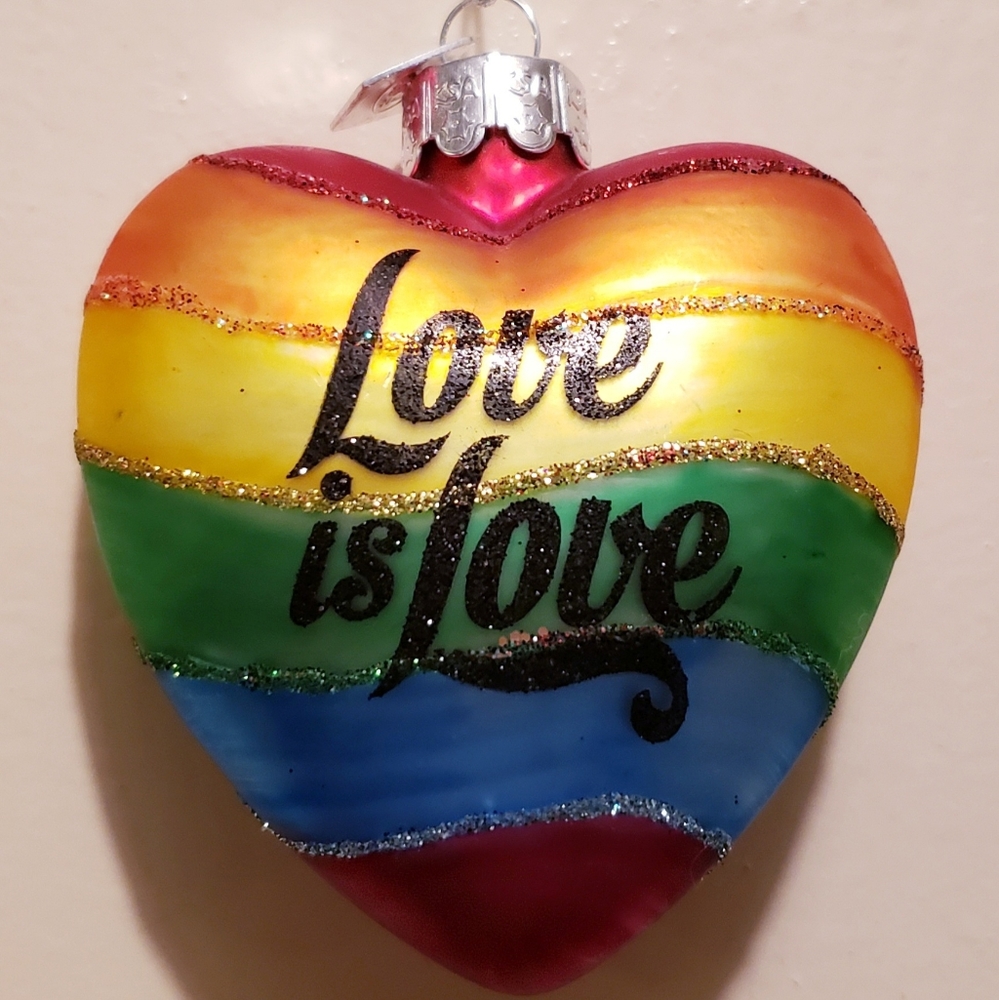 Rainbow Pride Heart of Glass Ornament delicate rainbow heart "Love is Love"